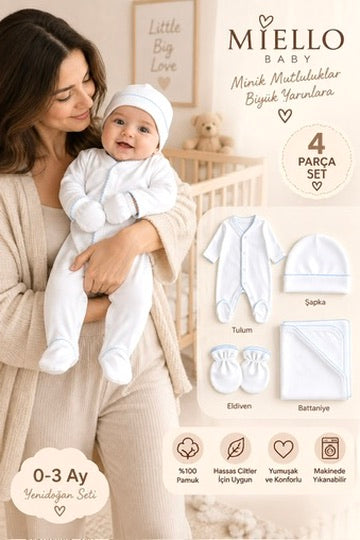 %100 Pamuk Yenidoğan Bebek Hastane Çıkışı Seti – 4 Parça