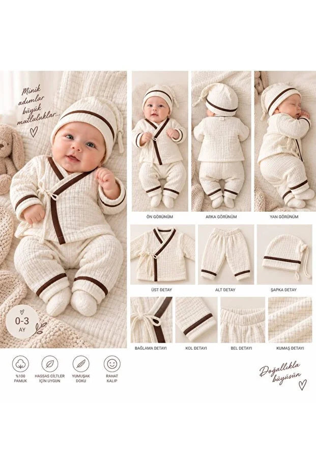 0-3 Ay %100 Pamuk Müslin Bebek 3'lü Takım Tulum Ekru Kahve