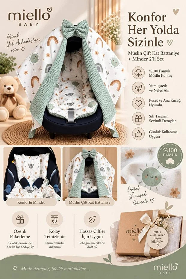 Miello Baby Bebek Puset Örtüsü ve Minderi 2'li Set %100 Pamuk Müslin Çift Katlı Gökkuşağı Desenli