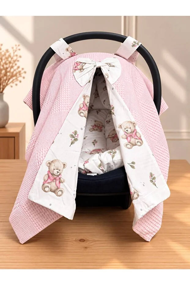 Milello Baby Çift Katlı Puset Örtüsü ve Minder 2'li Set – Teddy Bear Pembe