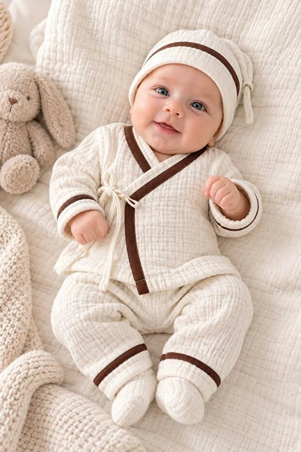 0-3 Ay %100 Pamuk Müslin Bebek 3'lü Takım Tulum Ekru Kahve