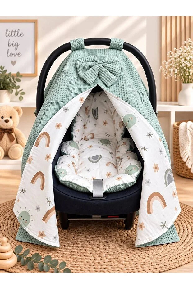 Miello Baby Bebek Puset Örtüsü ve Minderi 2'li Set %100 Pamuk Müslin Çift Katlı Gökkuşağı Desenli