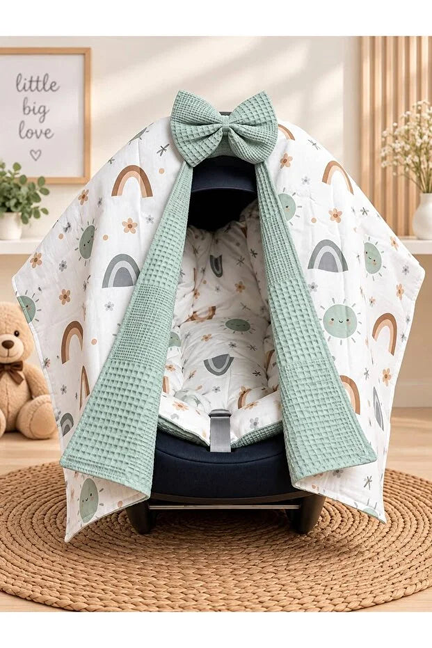 Miello Baby Bebek Puset Örtüsü ve Minderi 2'li Set %100 Pamuk Müslin Çift Katlı Gökkuşağı Desenli