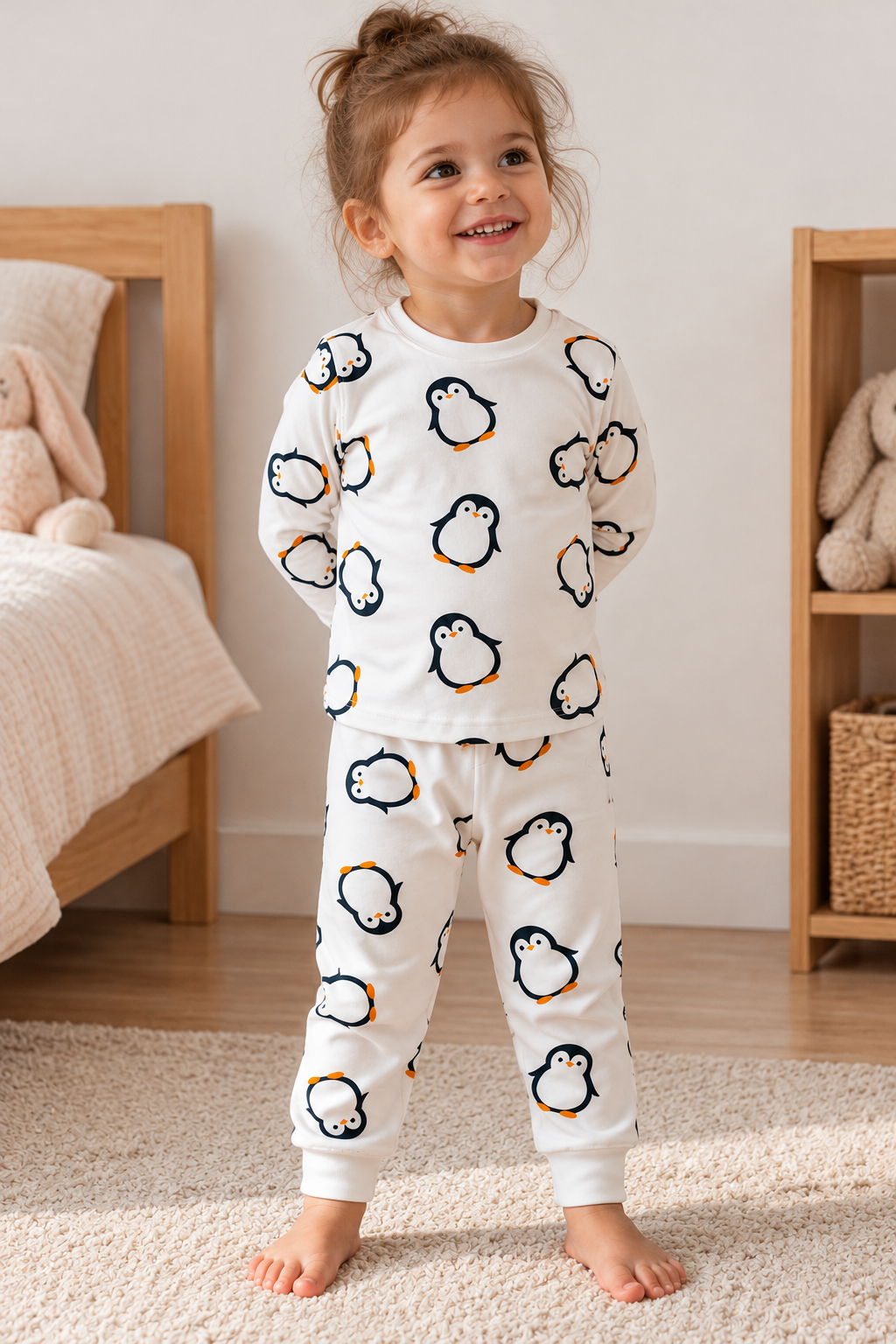 Penguen Desenli Beyaz Pijama Takımı
