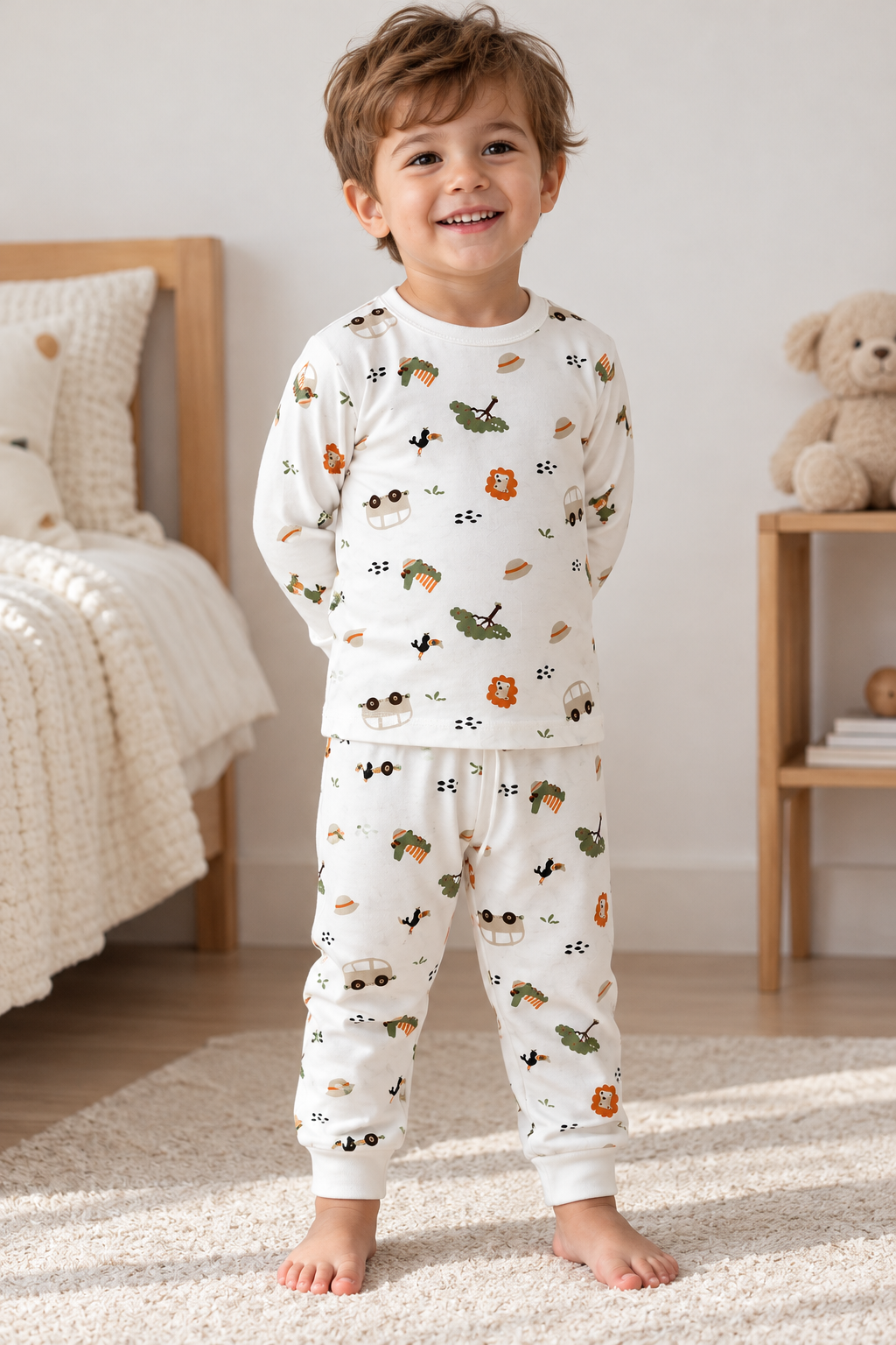 Safari Desenli Beyaz Pijama Takımı