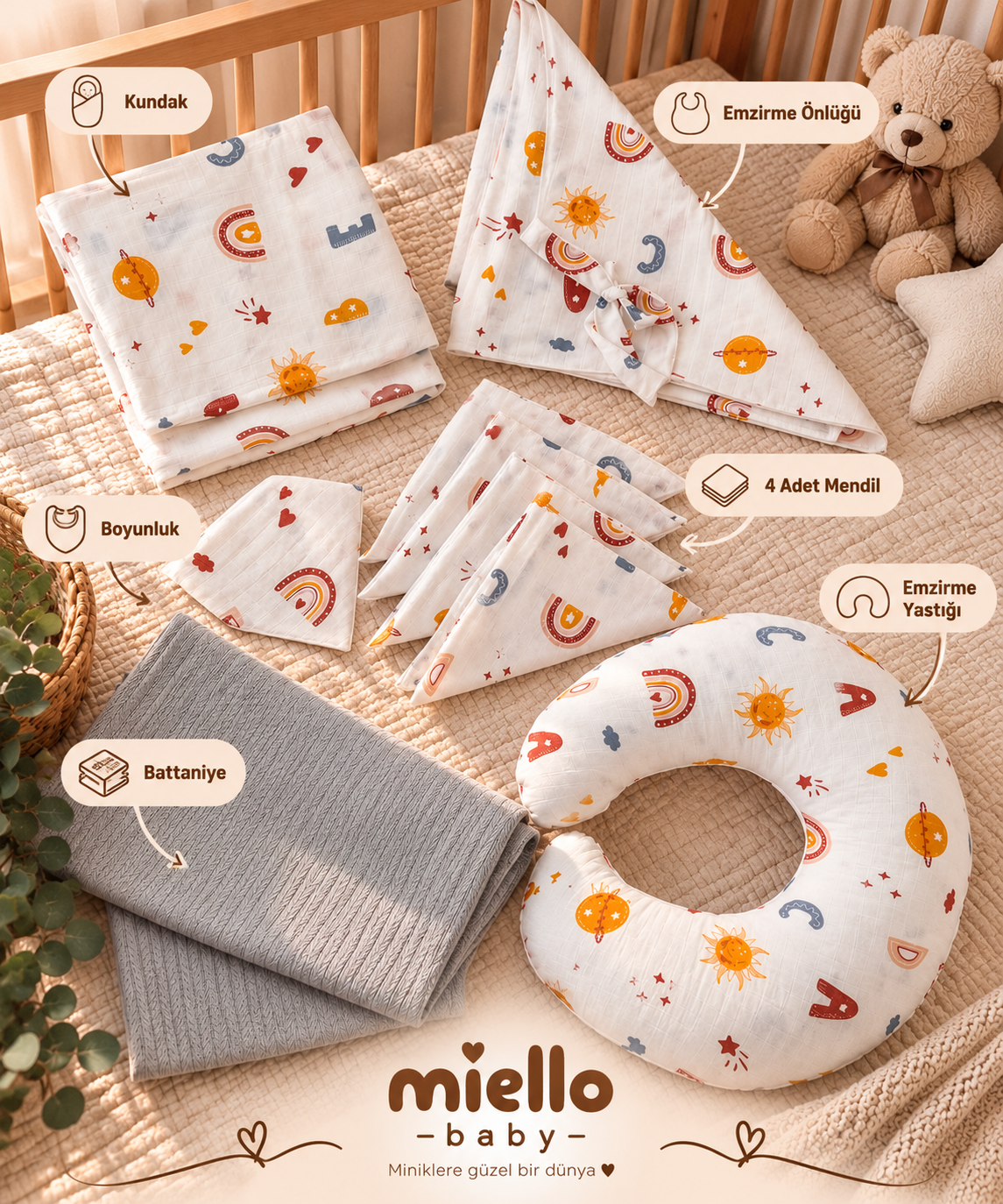 6 Parça Müslin Yenidoğan Bebek Seti – Kundak, Emzirme Yastığı, Emzirme Önlüğü, Battaniye, Boyunluk ve Ağız Mendili