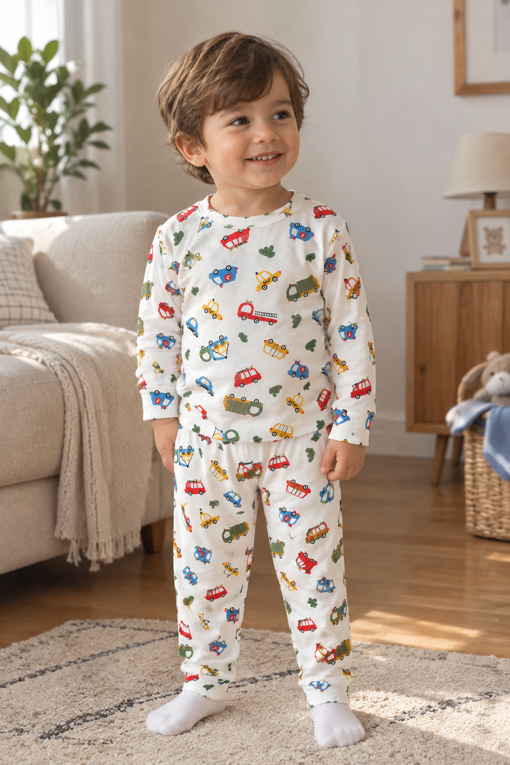 Araba Desenli Beyaz Pijama Takımı