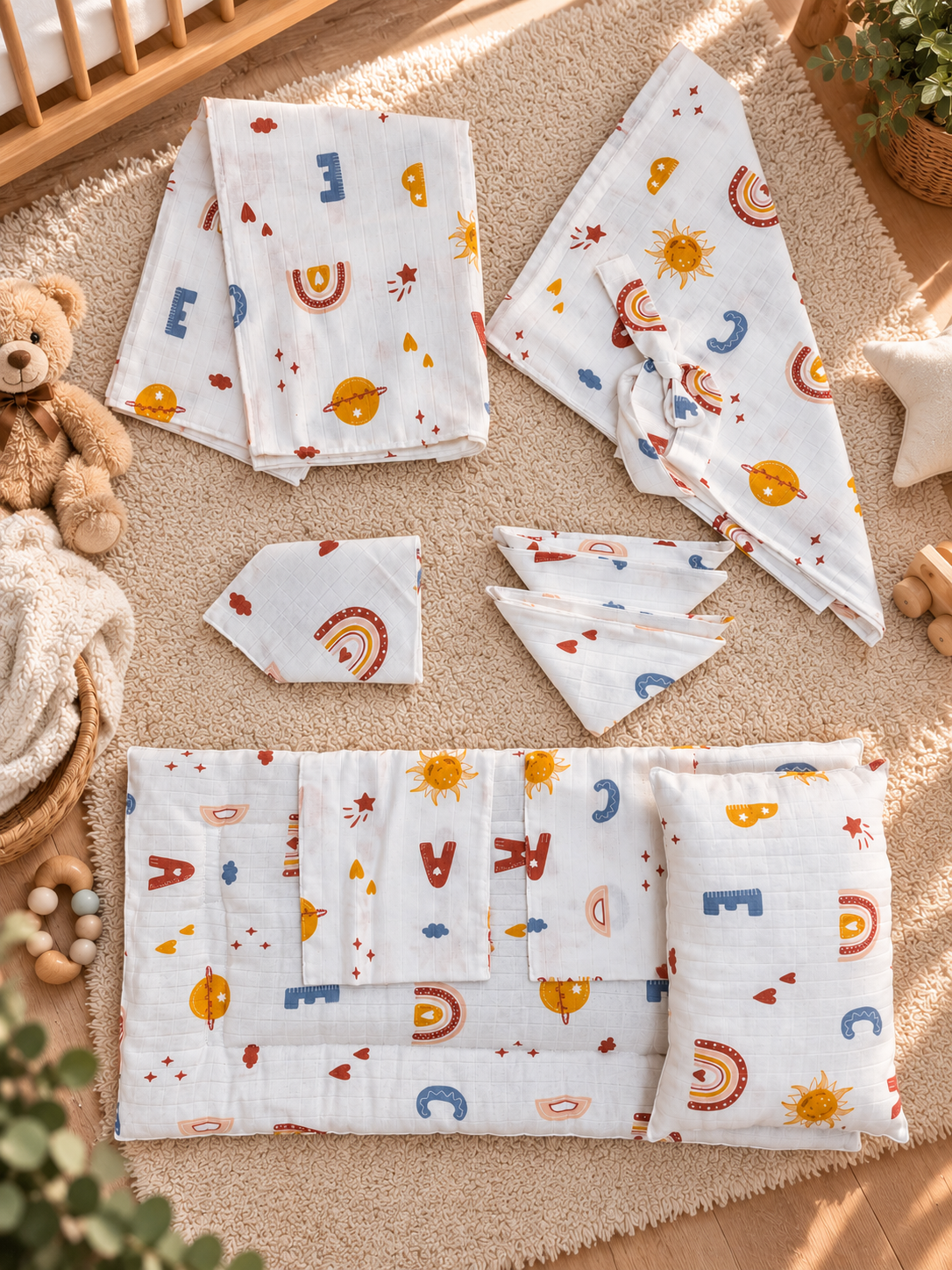 5 Parça Müslin Yenidoğan Bebek Seti | Kundak, Alt Açma Matı, Emzirme Önlüğü, Boyunluk ve Ağız Mendili