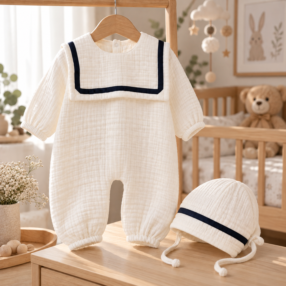 %100 Pamuk Müslin Bebek Tulum ve Şapka Seti – Lacivert Detaylı