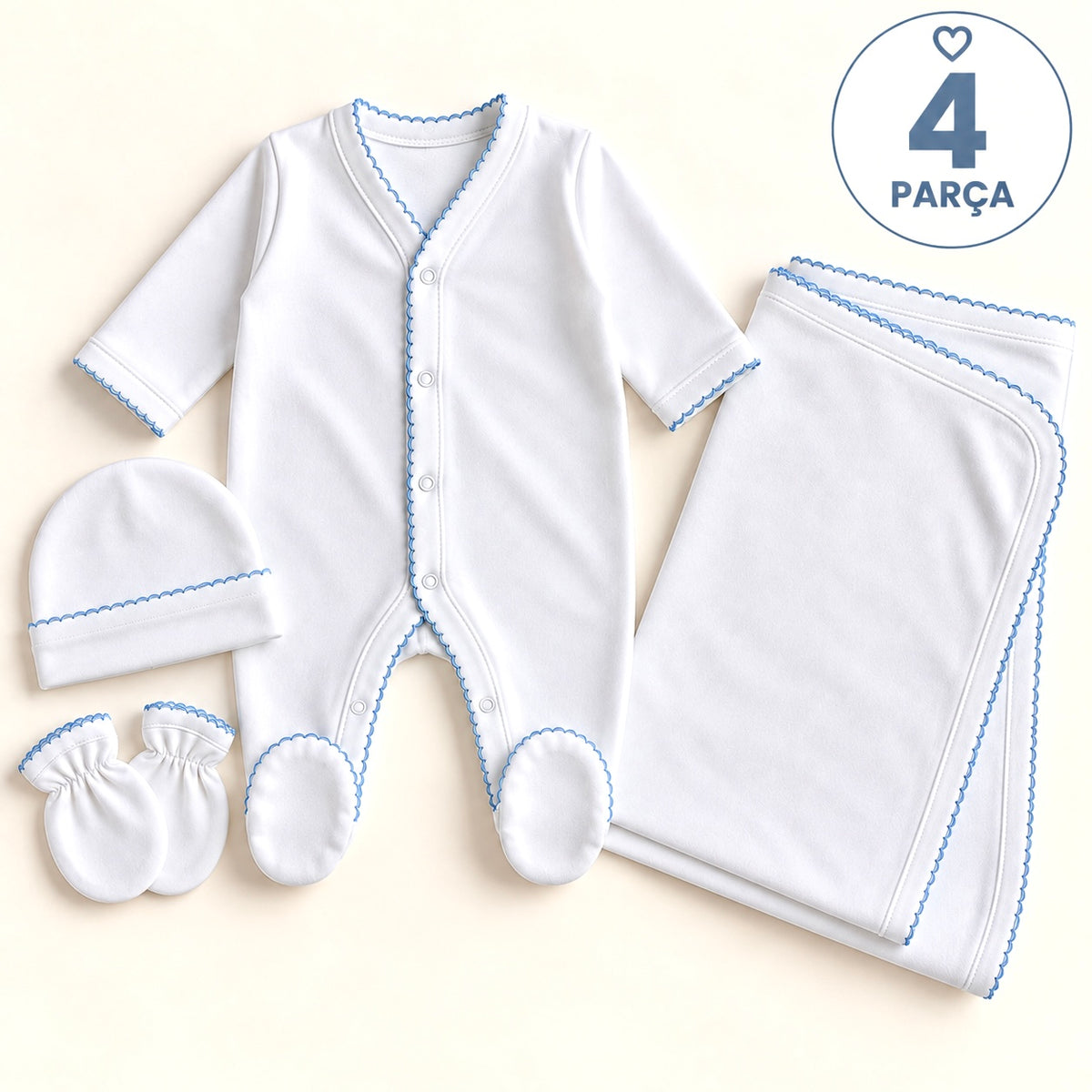 %100 Pamuk Yenidoğan Bebek Hastane Çıkışı Seti – 4 Parça