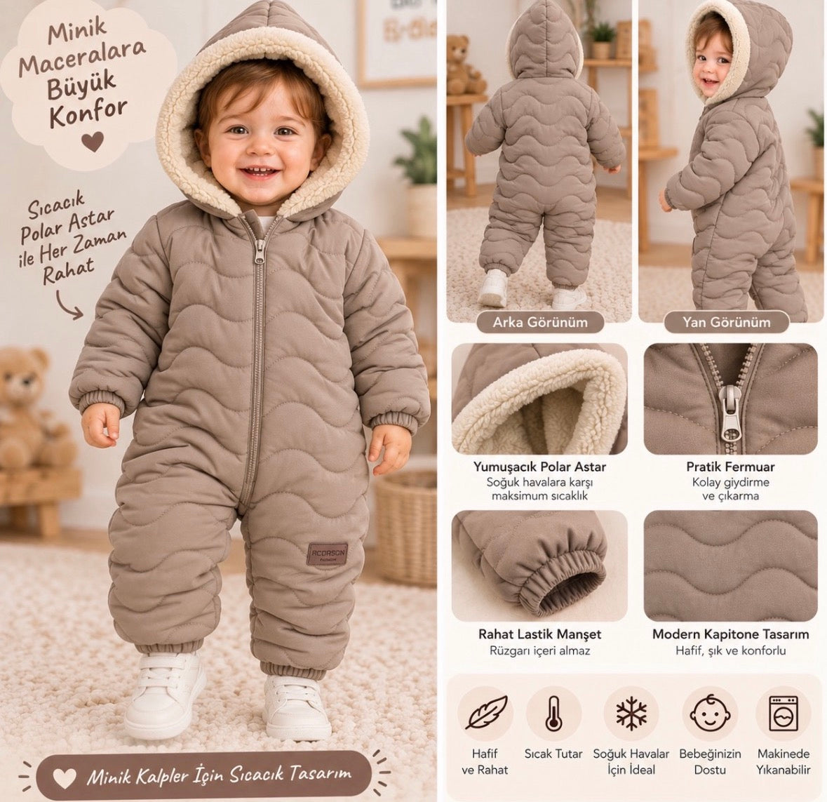 Miello Baby Bebek Çocuk Polar Astarlı Kapitone Astronot Tulum