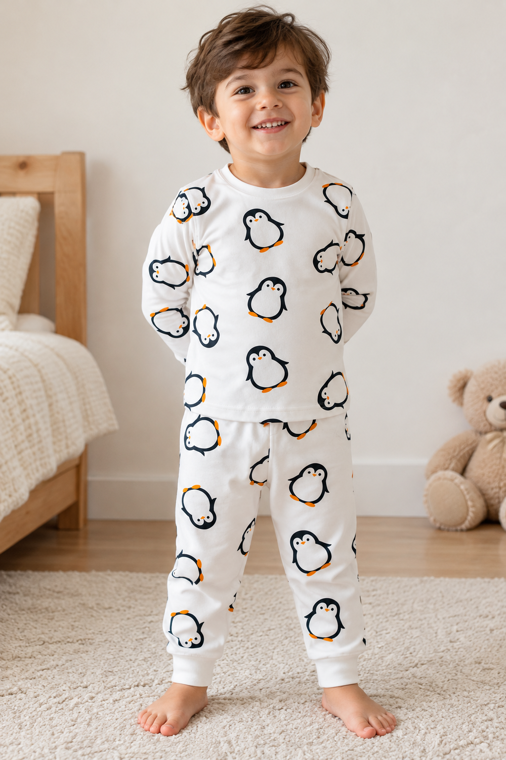 Penguen Desenli Beyaz Pijama Takımı