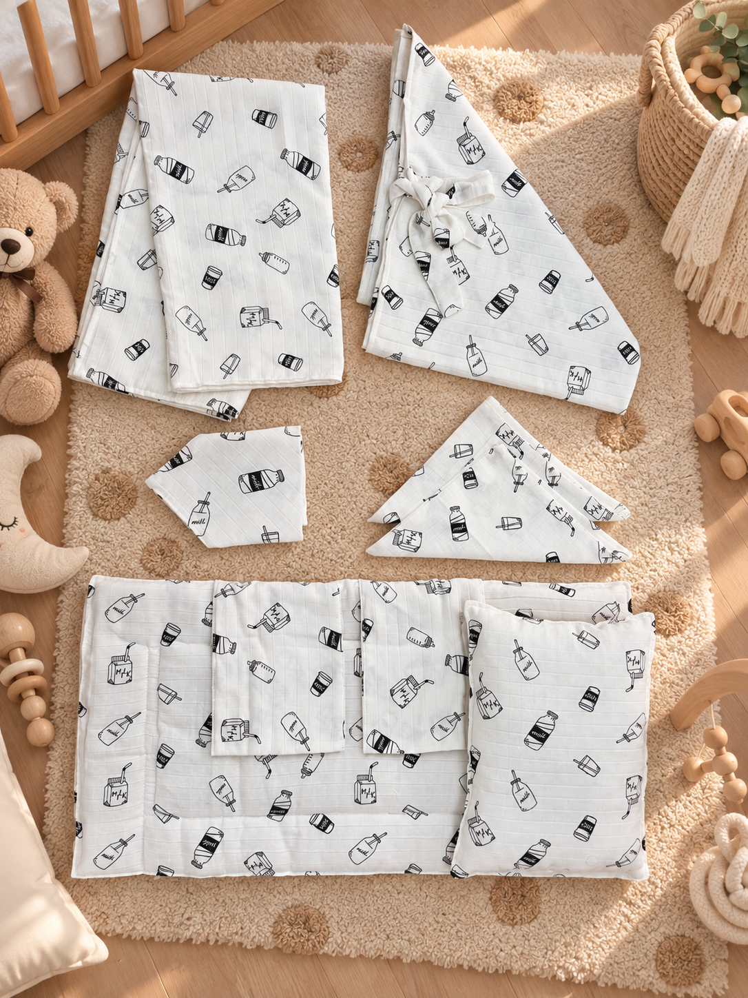 5 Parça Müslin Bebek Seti | Yenidoğan Bebek Tekstil Seti – Milk Desenli